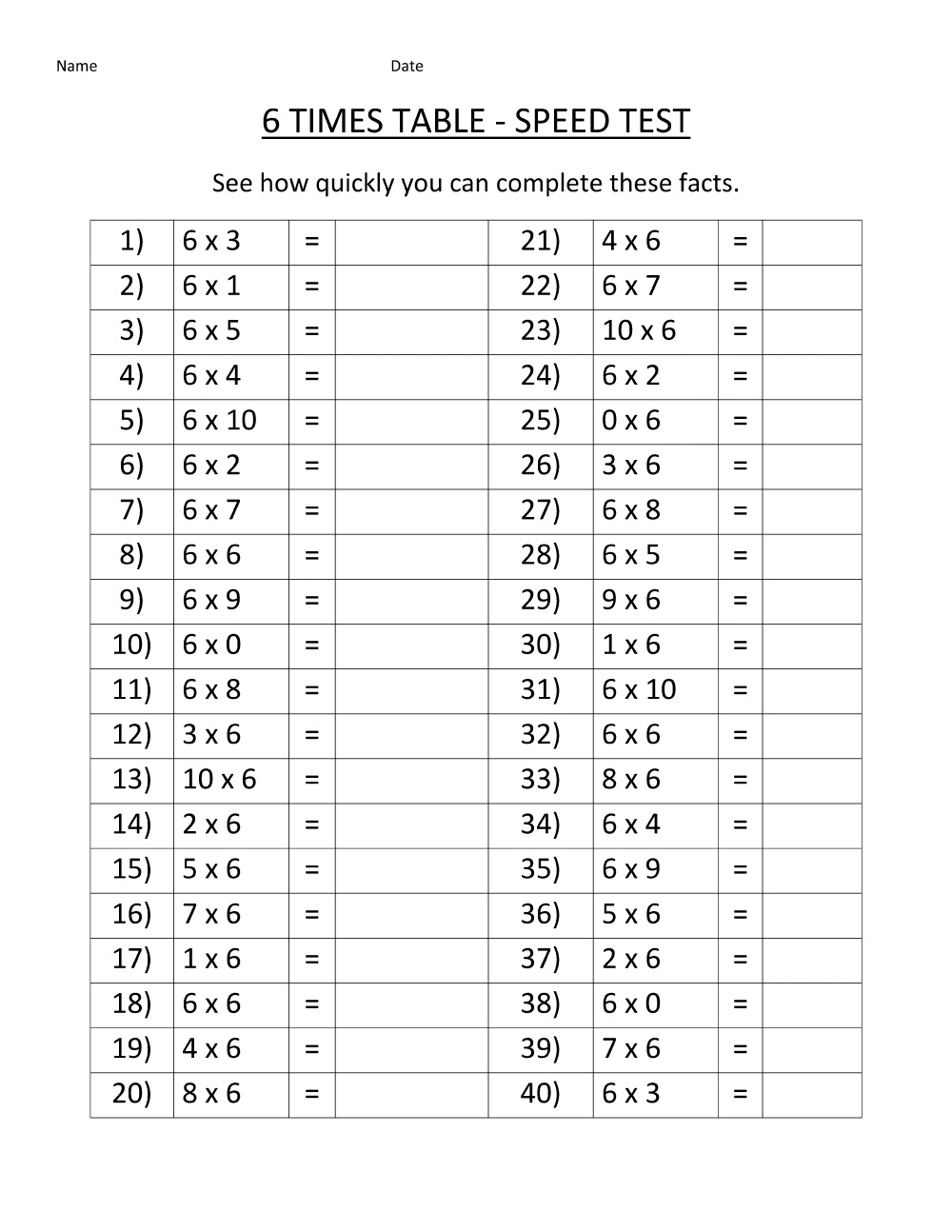 6 times table worksheets page