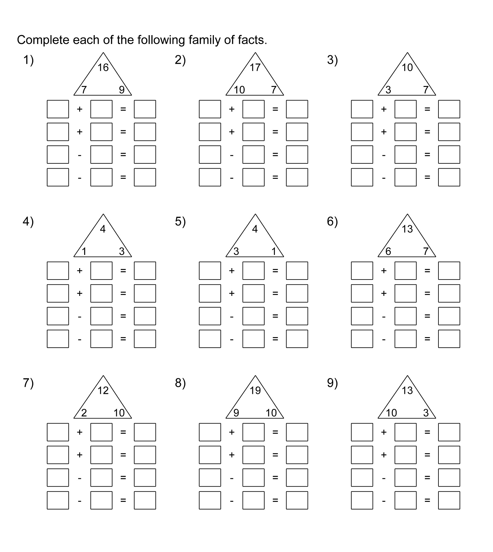 Fact Family Chart Printable