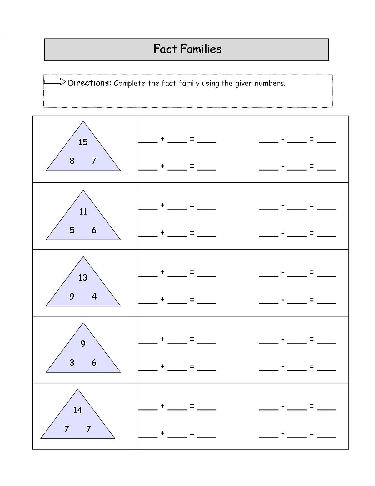 fact families worksheets page