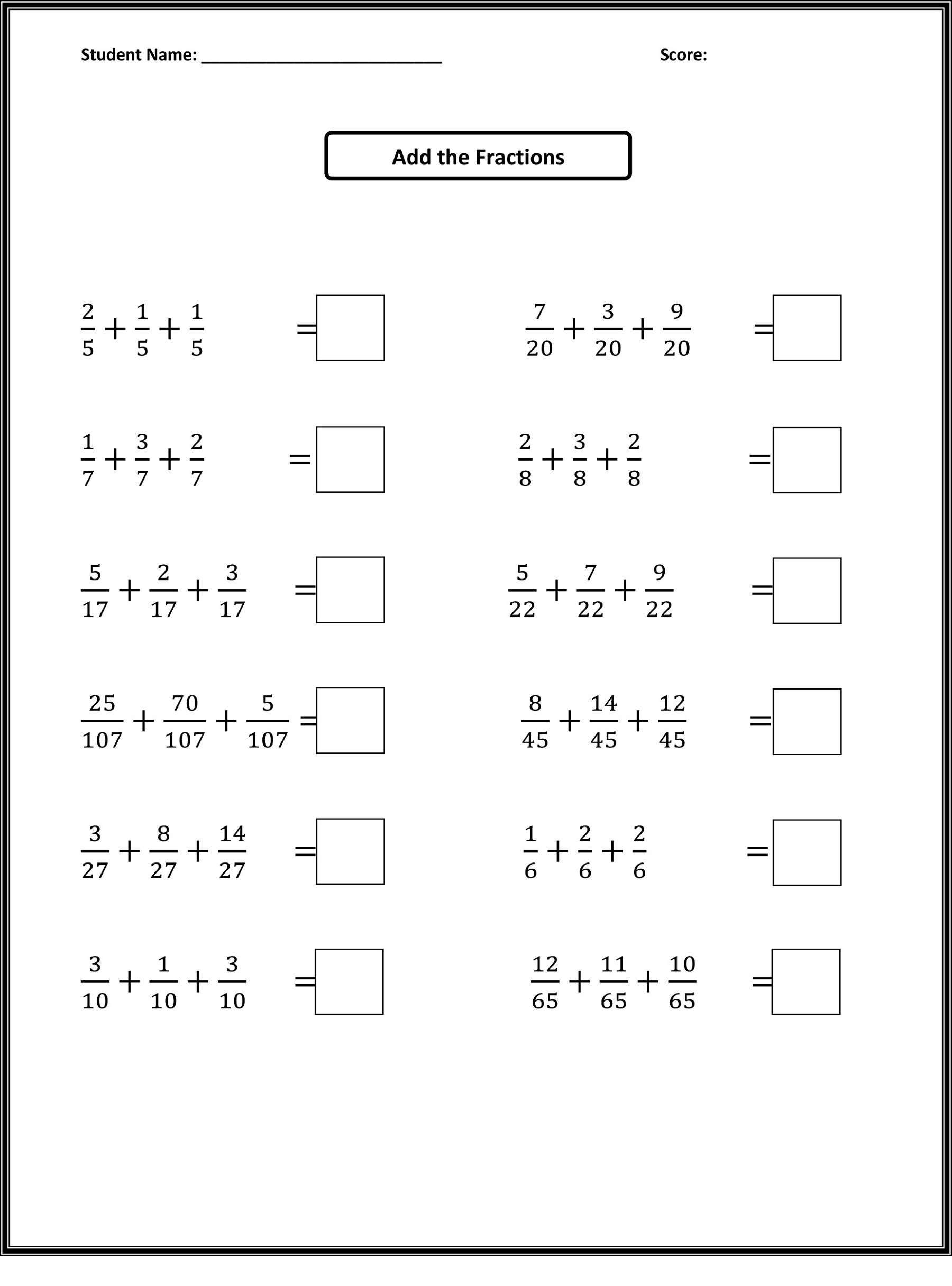 Grade 4 Math Worksheets Fractions Addition