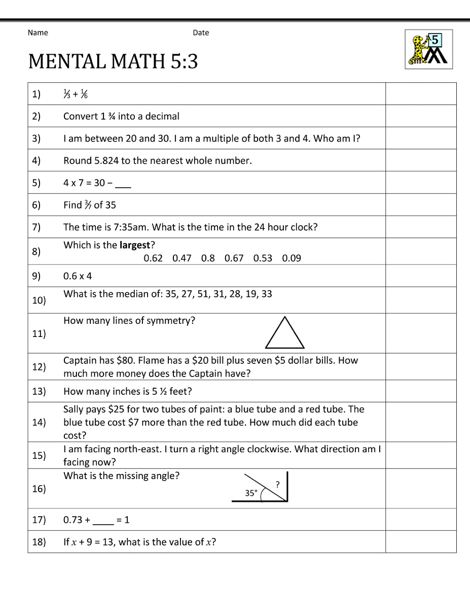 Grade 5 Math Worksheets Mental Math