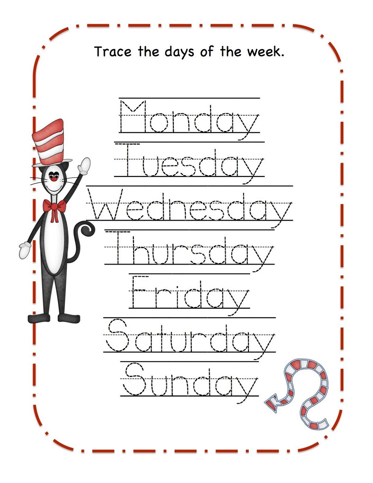 Days Of The Week Worksheet Trace