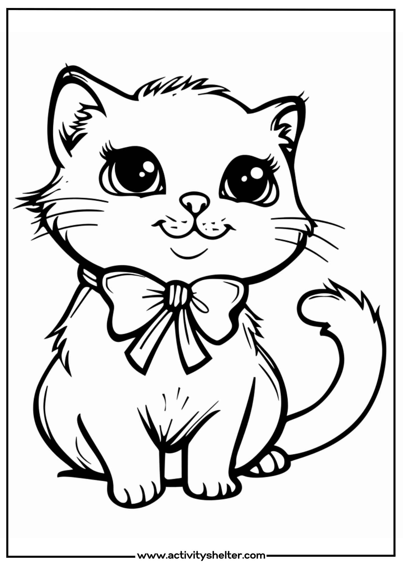 Cute Realistic Kitten Coloring Wearing Bow Pages