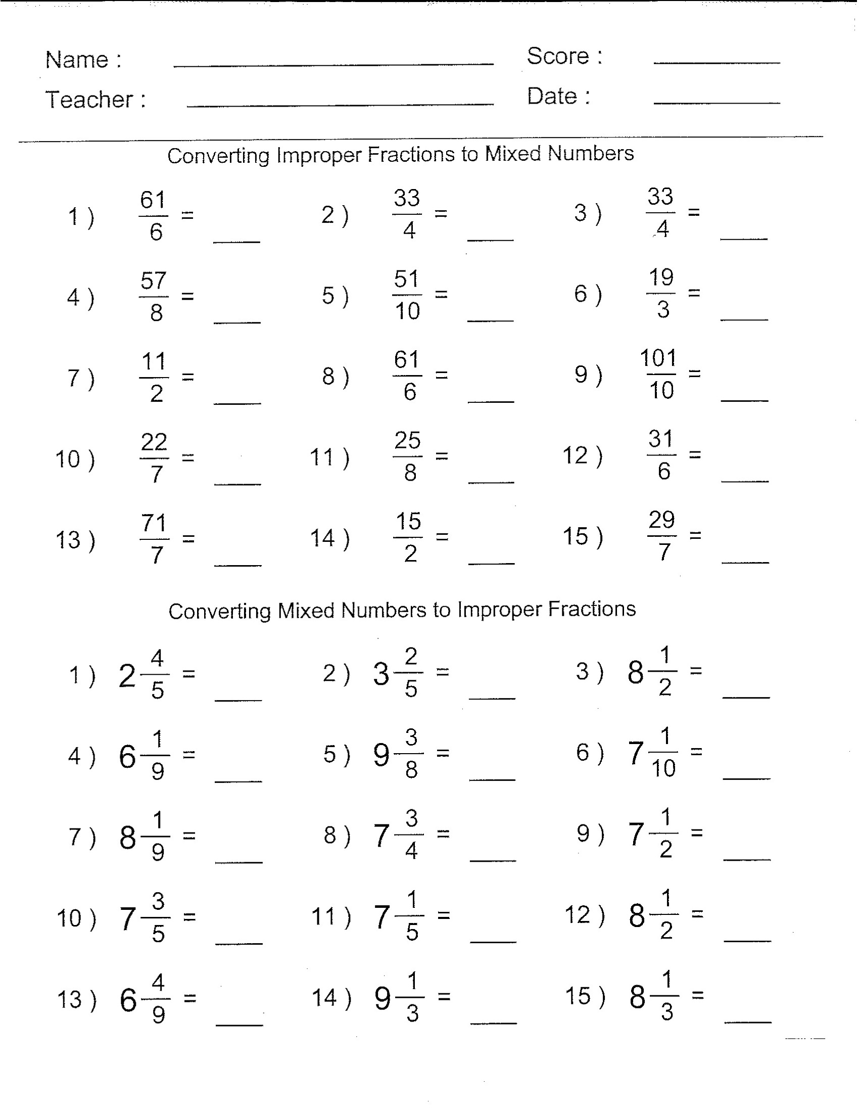 Fraction Multiplication Worksheet Mixed
