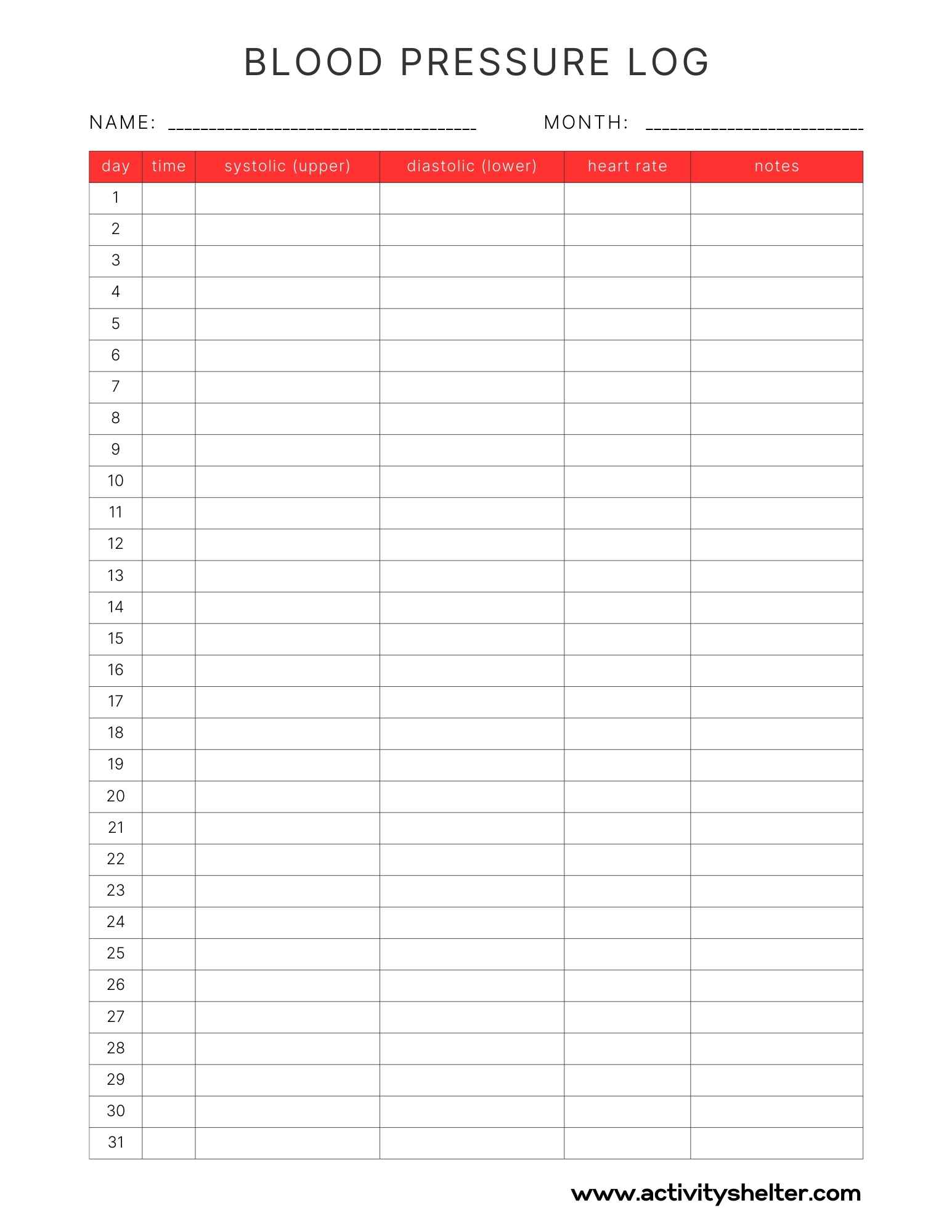 Free Printable Blood Pressure Log