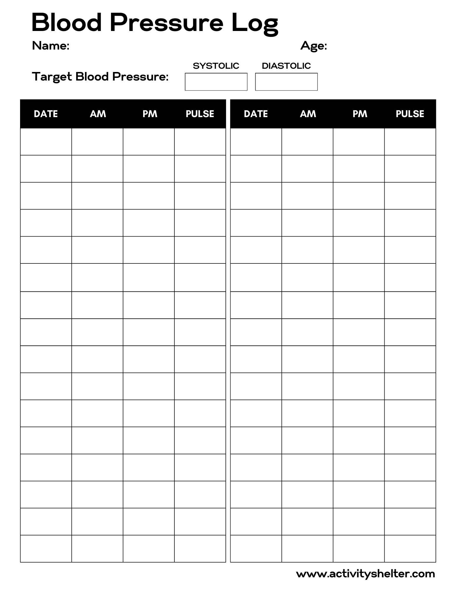 Printable Blood Pressure Log